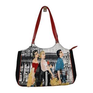 Vintage Christy Beaded Purse Retro Print Red Faux Leather Unique Zip